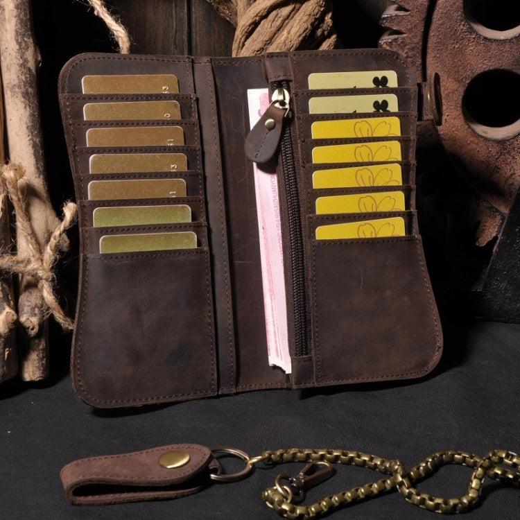 B161 RFID Retro Anti-Degaussing Iron Chain Leather Wallet, Dark Brown, Yellow Brown Embossed Dragon, Brown Embossed Tiger