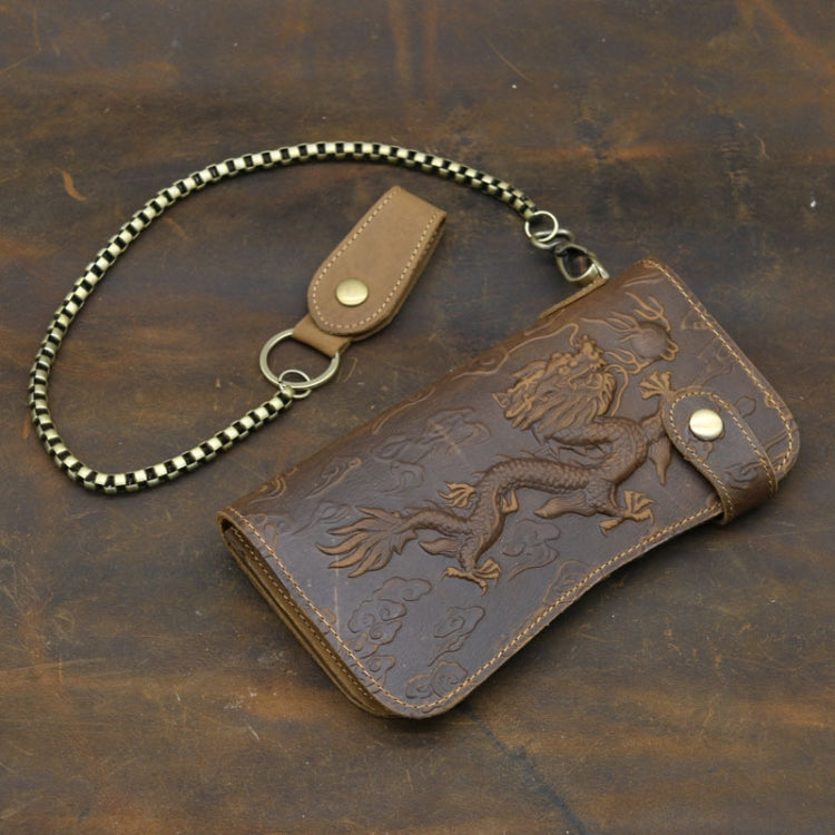 B161 RFID Retro Anti-Degaussing Iron Chain Leather Wallet, Dark Brown, Yellow Brown Embossed Dragon, Brown Embossed Tiger