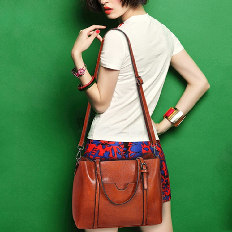 888-G9 Oil Wax Leather All-Match Fashion Handbag, Wine Red, Khaki, Green, Navy Blue, Black, Dark Grey, Deep Purple, Pink
