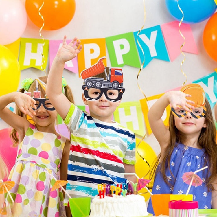 3 PCS Children Birthday Party Funny Glasses Photo Props, Logging Truck, Forklift, Tanker Truck, Small Crane, Bulldozer, Engineering Cap, Expel Soil Machine, Dump Truck, Excavator, Grinder, Screw Machine, Crane, Bus, Red Excavator, Orange Bulldozer     ...