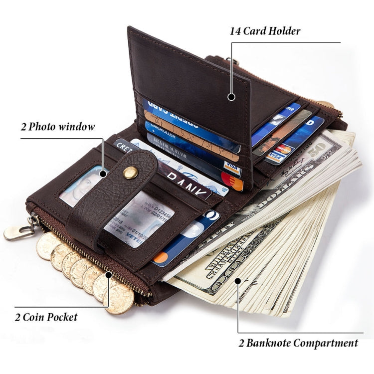 BP804 RFID Anti-Theft Wallet Multi-Function Buckle Zipper Retro Leisure Coin Purse, BP804 Black, BP804 Brown, BP804 Red, BP804 Khaki, BP804 Blue