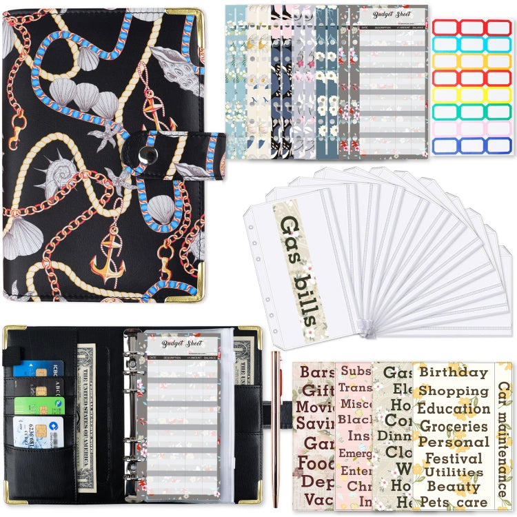 A6 PU Leather Color Printing Notebook Zipper Bag Loose-leaf Budget Binder, Chain-Black, Butterfly-Purple, Flower-Rose Red, Leopard Proter-Brown, Daisy-Black, Phnom Penh Marbling