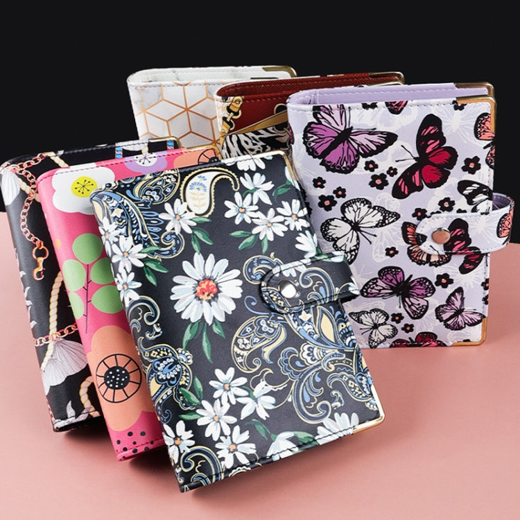 A6 PU Leather Color Printing Notebook Zipper Bag Loose-leaf Budget Binder, Chain-Black, Butterfly-Purple, Flower-Rose Red, Leopard Proter-Brown, Daisy-Black, Phnom Penh Marbling