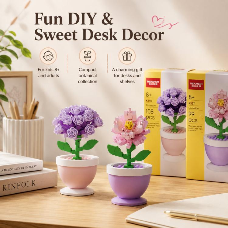 MEKANSM Mini Flower Building Blocks Micro Building Bricks Potted Plant Small Botanical Collection Desk Decor DIY Toy for Kids 8+ and Adults, K340 Purple Hydrangea, K337 Carnation