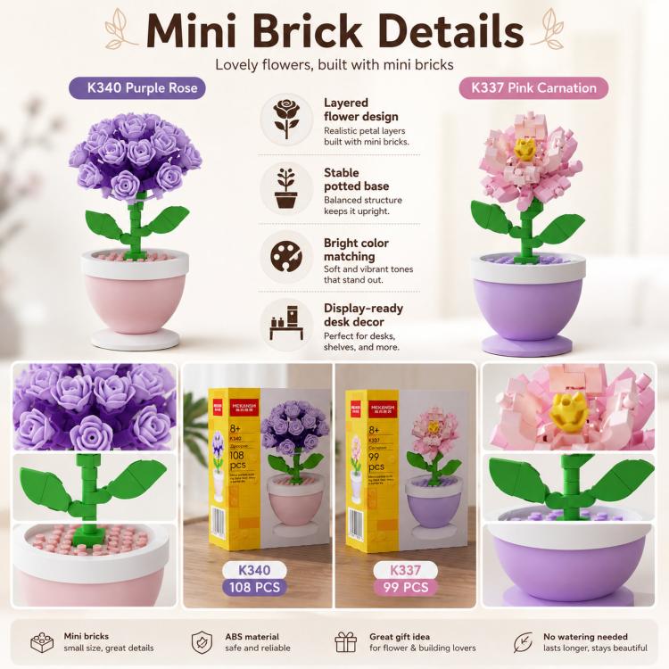 MEKANSM Mini Flower Building Blocks Micro Building Bricks Potted Plant Small Botanical Collection Desk Decor DIY Toy for Kids 8+ and Adults, K340 Purple Hydrangea, K337 Carnation