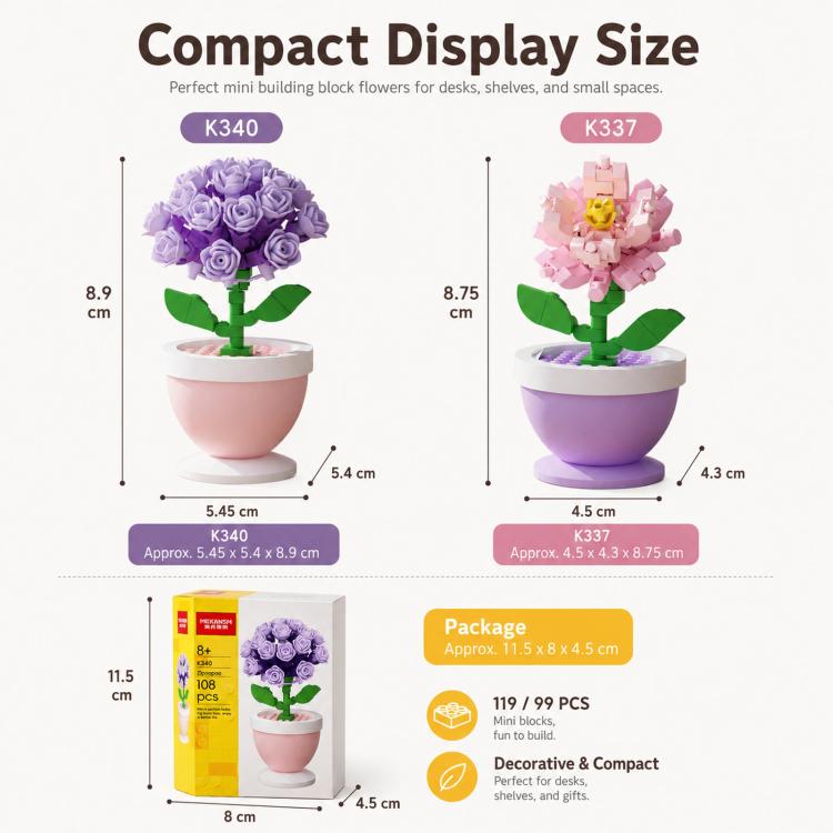 MEKANSM Mini Flower Building Blocks Micro Building Bricks Potted Plant Small Botanical Collection Desk Decor DIY Toy for Kids 8+ and Adults, K340 Purple Hydrangea, K337 Carnation