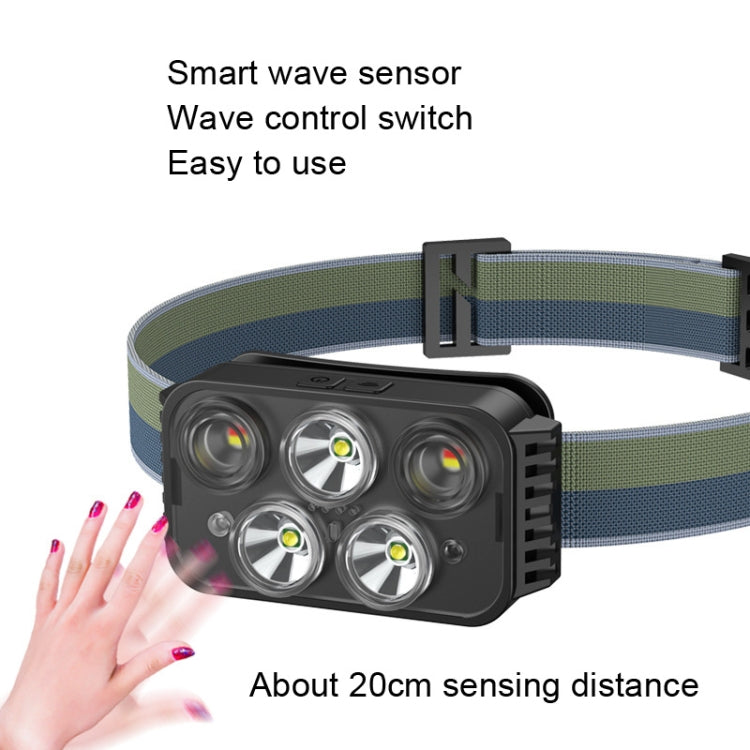 USB Charging Running Strong Bald Headlight Fishing Camping Waterproof Light, Style:, 3 Light Head, 5 Light Head