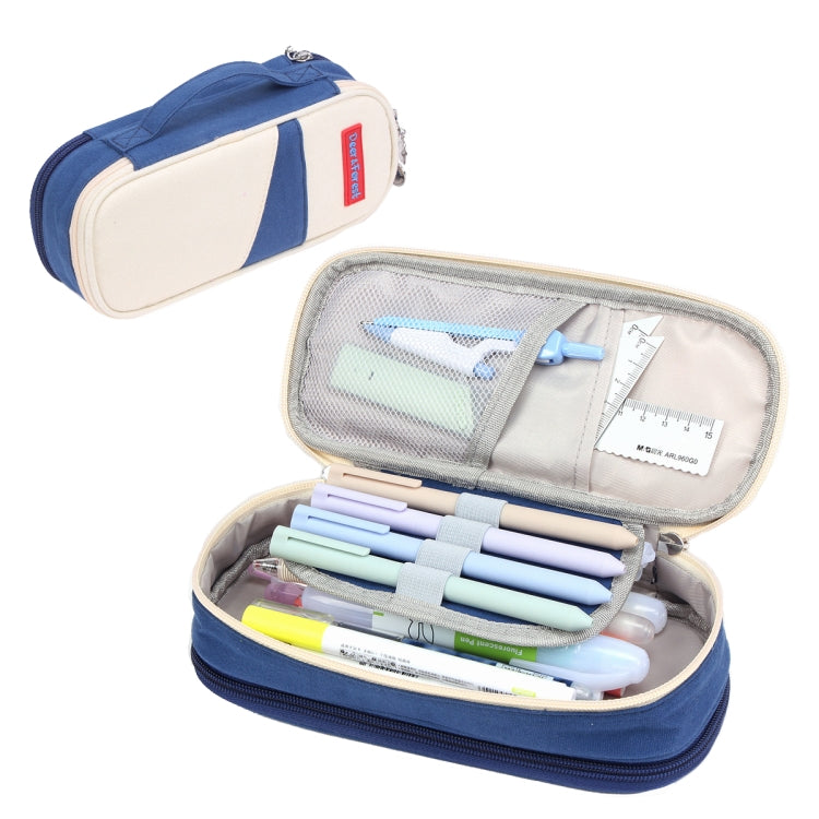 Deer Forest BL-A003 Macaron Large-capacity Double-layer Canvas Pencil Case Stationery Box, Navy Blue, Fruit Green, Khaki, Orange Yellow, Cyan Purple, Cyan Blue, Cherry Pink