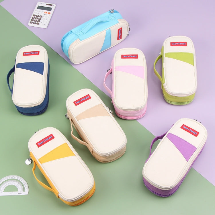 Deer Forest BL-A003 Macaron Large-capacity Double-layer Canvas Pencil Case Stationery Box, Navy Blue, Fruit Green, Khaki, Orange Yellow, Cyan Purple, Cyan Blue, Cherry Pink