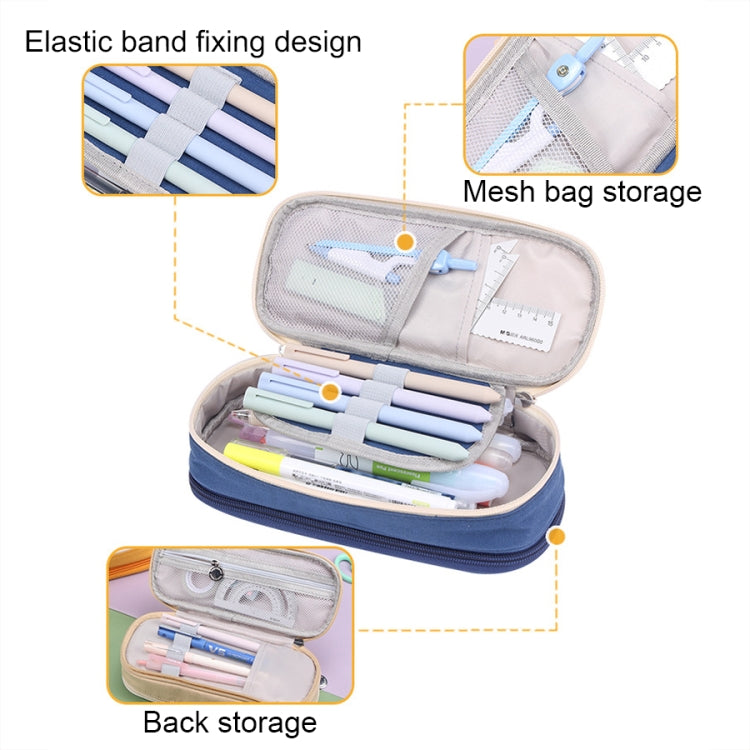 Deer Forest BL-A003 Macaron Large-capacity Double-layer Canvas Pencil Case Stationery Box, Navy Blue, Fruit Green, Khaki, Orange Yellow, Cyan Purple, Cyan Blue, Cherry Pink