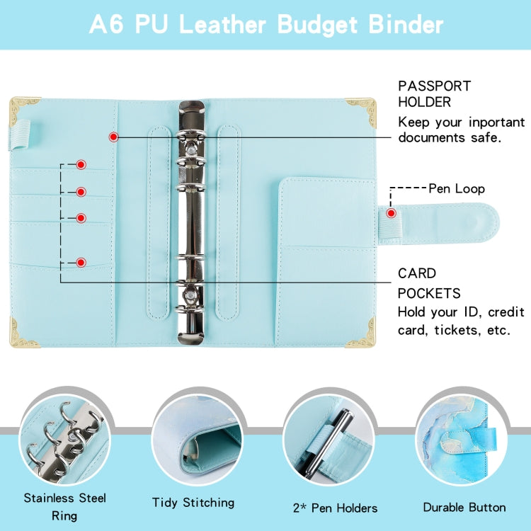 A6 Leather Loose-leaf Budget Book Handbook Notepad, Pink, Ink Green, Purple, Blue Gray, Water Blue, Cyan Greene, Deep Blue, Watercolor Blue, Marbled-Pink, Marbled-Blue, Marbled White