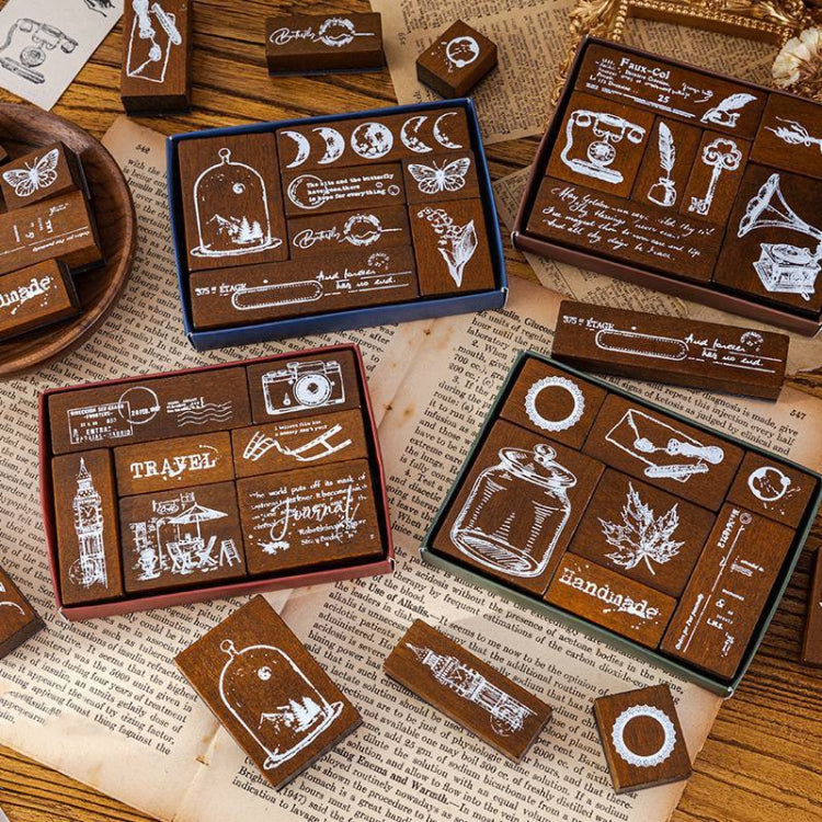 MOCARD 7 In 1 Wooden Stamp Set Handbook DIY Material, 7 In 1 Listening Wind, 7 In 1 Senyu Traveler, 7 In 1 Handicraft Diary, 7 In 1 Floating