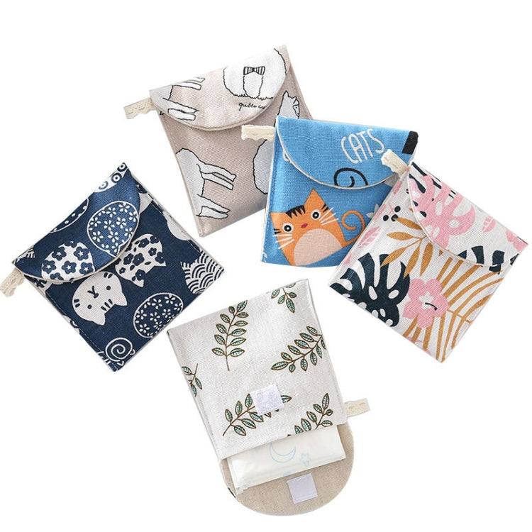 8pcs Cotton and Linen Sanitary Napkin Storage Bag Handy Clutch Bag, Turtle, Elephant, Block, Waves, Owl, Black Tree, Black -bottomed White Tree, Gray Camel, Lucky Cat, Leaves, Blue Cat