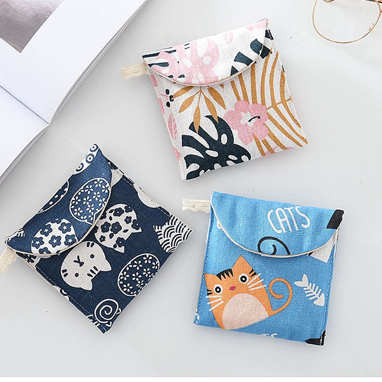 8pcs Cotton and Linen Sanitary Napkin Storage Bag Handy Clutch Bag, Turtle, Elephant, Block, Waves, Owl, Black Tree, Black -bottomed White Tree, Gray Camel, Lucky Cat, Leaves, Blue Cat