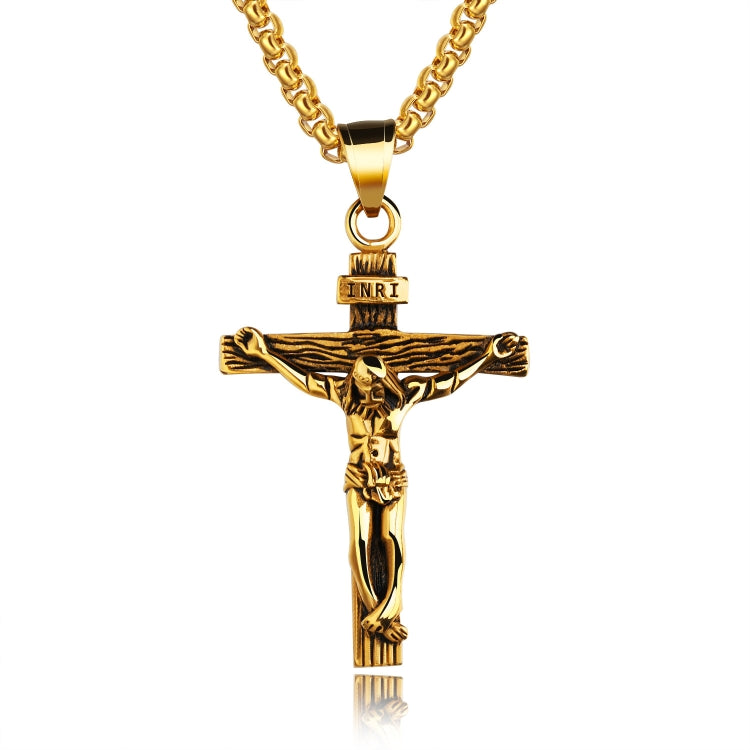 OPK 810 Retro Cross Frame Titanium Steel Men Pendant Necklace, [Gold Black Pendant, Steel Color Pendant, Gold Pendant, Steel Color+3x55cm Pearl Chain, Gold+3x55cm Pearl Chain, Gold Black+3x55cm Pearl Chain