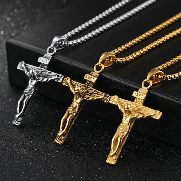 OPK 810 Retro Cross Frame Titanium Steel Men Pendant Necklace, [Gold Black Pendant, Steel Color Pendant, Gold Pendant, Steel Color+3x55cm Pearl Chain, Gold+3x55cm Pearl Chain, Gold Black+3x55cm Pearl Chain