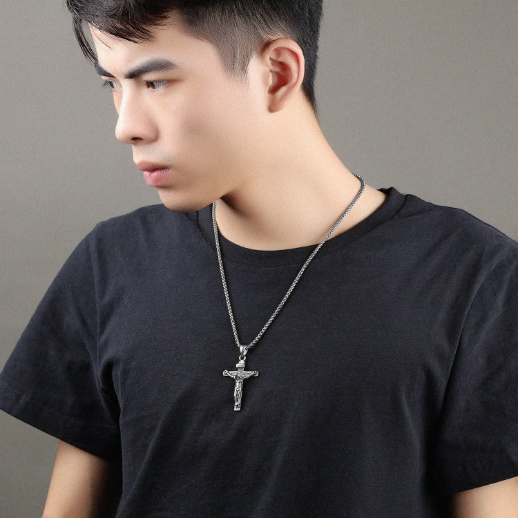 OPK 810 Retro Cross Frame Titanium Steel Men Pendant Necklace, [Gold Black Pendant, Steel Color Pendant, Gold Pendant, Steel Color+3x55cm Pearl Chain, Gold+3x55cm Pearl Chain, Gold Black+3x55cm Pearl Chain