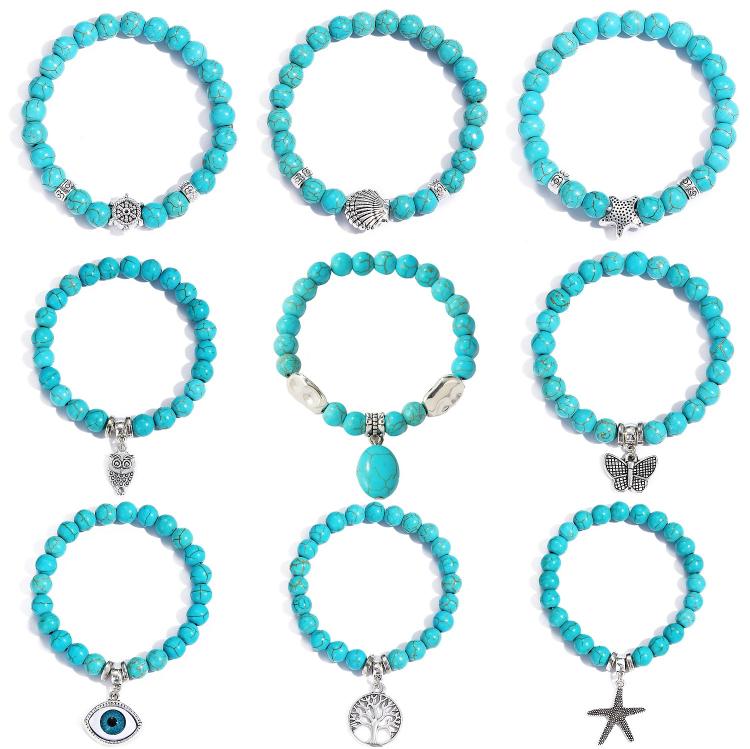 Women Beaded Bracelet Turquoise Ethnic Style Charm Jewelry, S2208-2 Owl, S2208-3 Butterfly, S2208-4 Sea Star, S2208-5 Life Tree, S2203-12 Cross, S2203-13 Turquoise Pendant, S2212-1 Eyes, S2303-1, S2303-2 Turtles, S2303-3 Cross, S2303-4 Compass, S2203-11