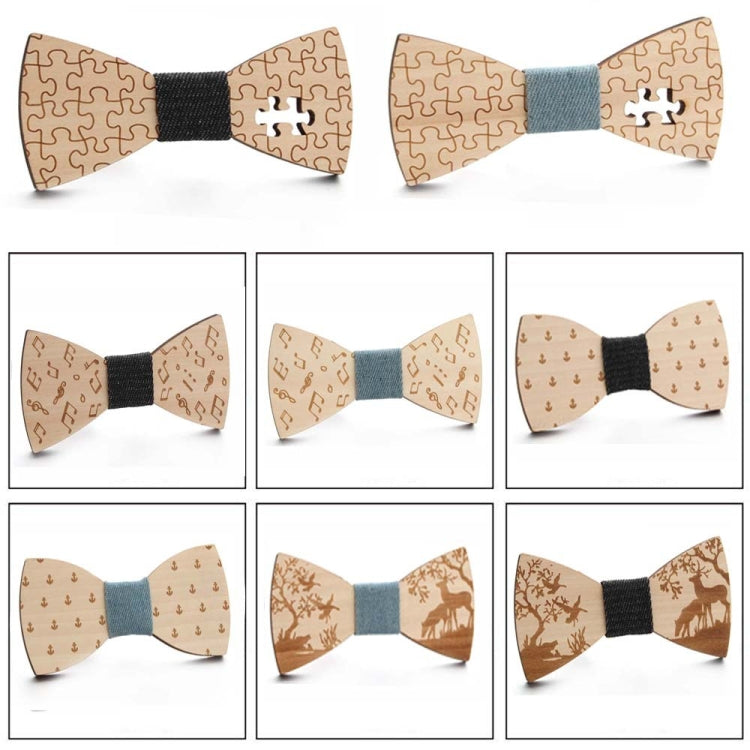 Wooden Bow Tie Men Bow Clothing Decoration, Elk Blue, Elk Black, Puzzle Blue, Puzzle Black, Music Blue, Music Black, Small Anchor Blue, Small Anchor Black