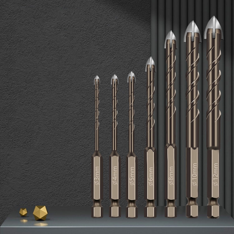 Hexagonal Shank Spiral Flute Cross Alloy Drill Bits Glass Tile Four Edge Drivers, 3mm, 4mm, 5mm, 6mm, 8mm, 10mm, 12mm