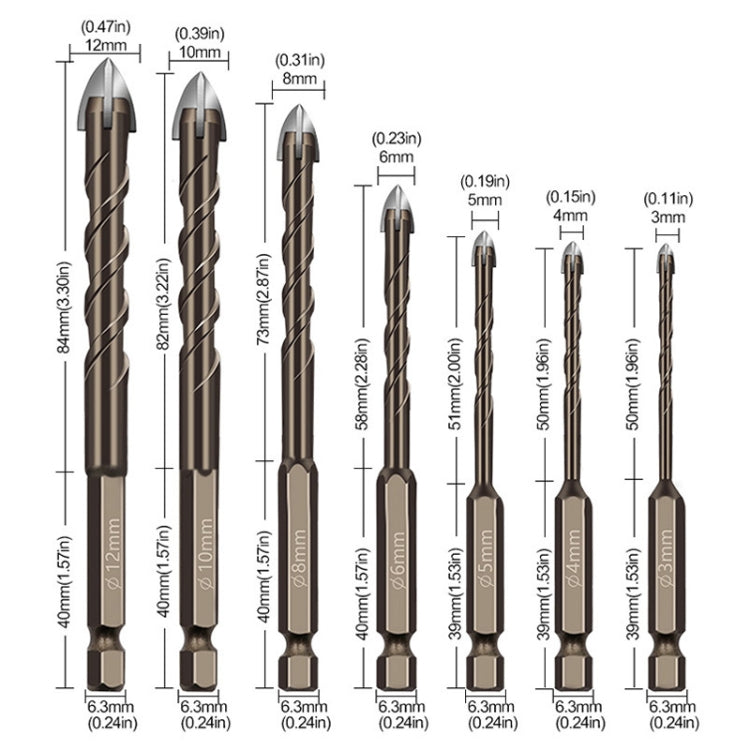 Hexagonal Shank Spiral Flute Cross Alloy Drill Bits Glass Tile Four Edge Drivers, 3mm, 4mm, 5mm, 6mm, 8mm, 10mm, 12mm