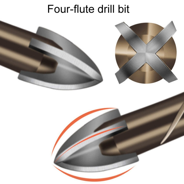 Hexagonal Shank Spiral Flute Cross Alloy Drill Bits Glass Tile Four Edge Drivers, 3mm, 4mm, 5mm, 6mm, 8mm, 10mm, 12mm