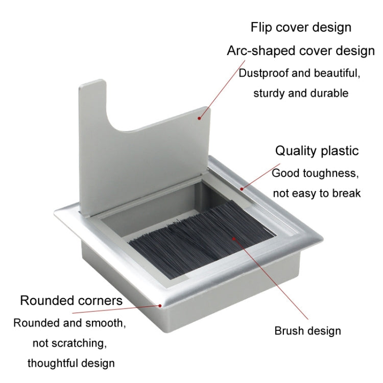 ABS Table Rectangle Wire Hole Cover Outlet Port With Brush PC Desk Cable Organizer, 80x80mm Black, 80x80mm Silver, 80x160mm Black, 80x160mm Silver, 80x160mm White, 100x200mm Silver