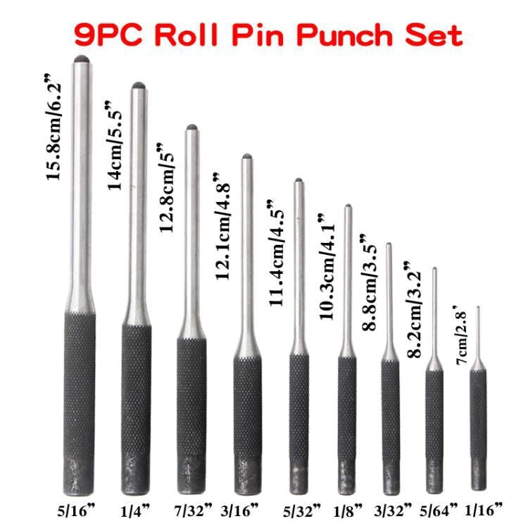 9-in-1 Heavy Duty Roll Pin Punch Set Round Punch Removal Tools, Canvas Packaging, with Hammer
