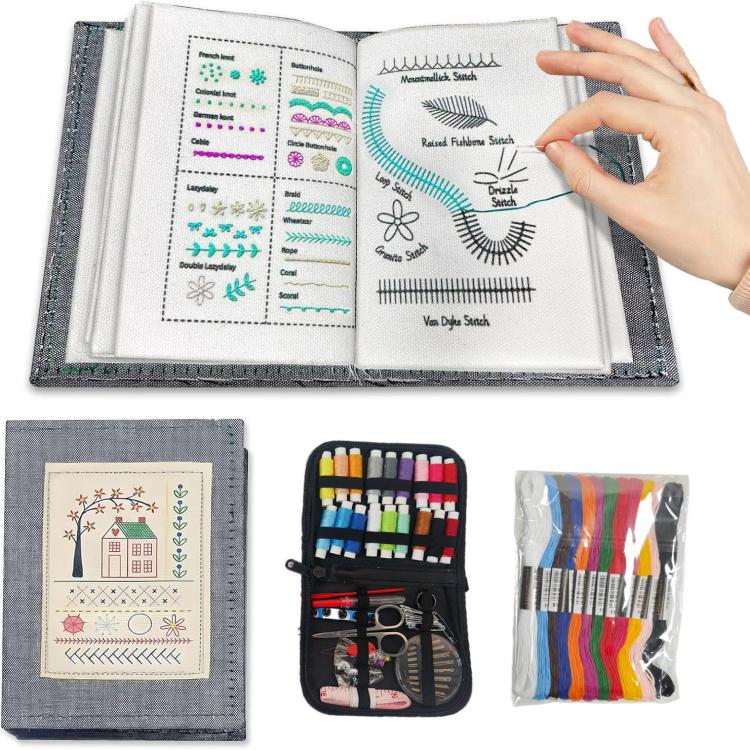 DIY Embroidery Stitch Book with 10 Pages for Hand Sewing and Linen Craft Enthusiasts, Only Book, Needle and Thread Combo, Sewing Kit