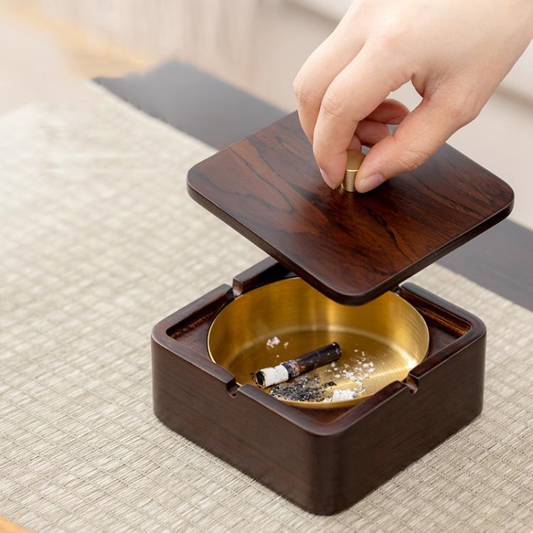 Magnetic Solid Wood Metal Ashtray Ash-Proof and Dust-Proof Design, Walnut Wood Square, Walnut Wood Round, Black Walnut Square, Ebony Wood Square, Dark Walnut Square