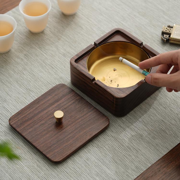 Magnetic Solid Wood Metal Ashtray Ash-Proof and Dust-Proof Design, Walnut Wood Square, Walnut Wood Round, Black Walnut Square, Ebony Wood Square, Dark Walnut Square