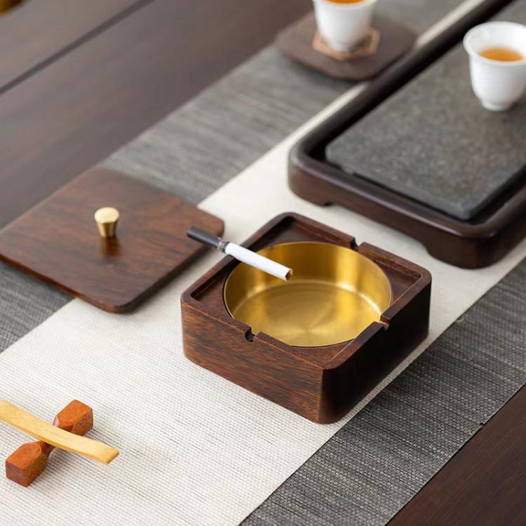 Magnetic Solid Wood Metal Ashtray Ash-Proof and Dust-Proof Design, Walnut Wood Square, Walnut Wood Round, Black Walnut Square, Ebony Wood Square, Dark Walnut Square