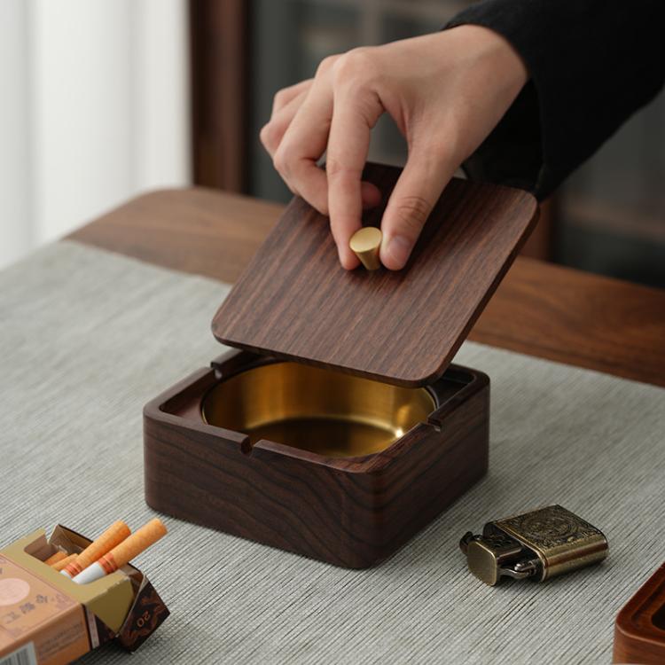 Magnetic Solid Wood Metal Ashtray Ash-Proof and Dust-Proof Design, Walnut Wood Square, Walnut Wood Round, Black Walnut Square, Ebony Wood Square, Dark Walnut Square