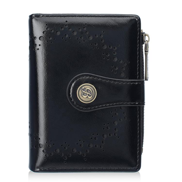Baellerry N8358 Women Short Wallet Oil-Waxed Leather Hollow Pattern Multi-Card Holder Zippered Coin Pocket