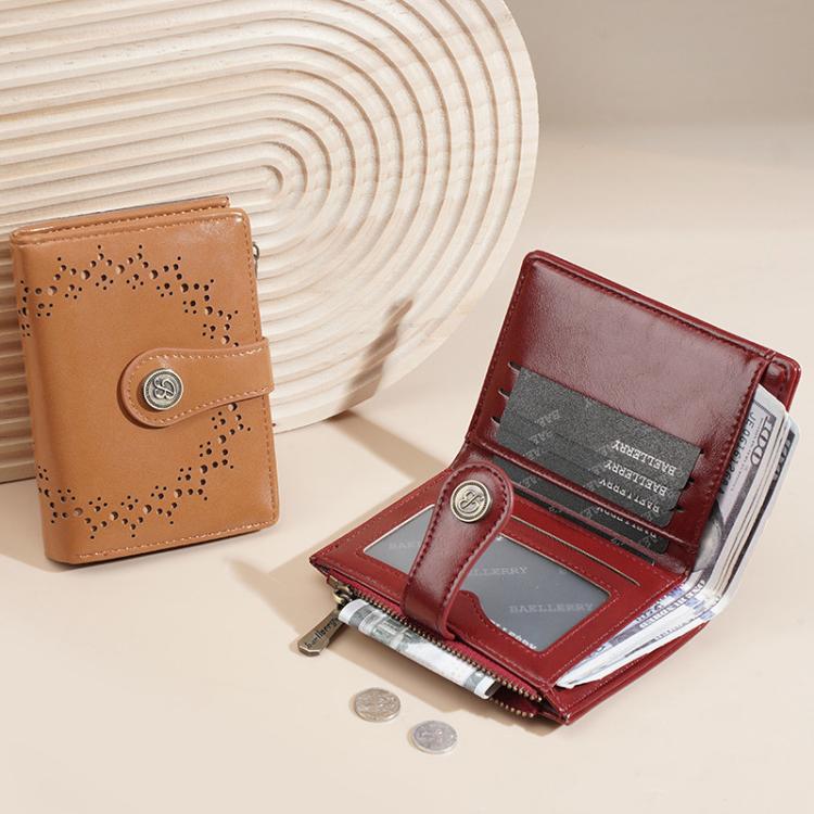 Baellerry N8358 Women Short Wallet Oil-Waxed Leather Hollow Pattern Multi-Card Holder Zippered Coin Pocket