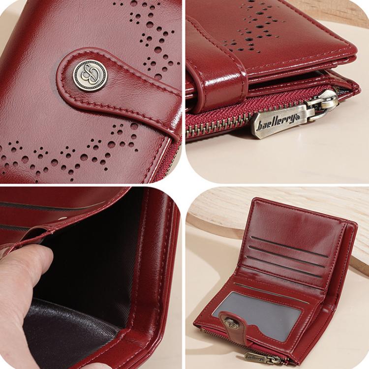 Baellerry N8358 Women Short Wallet Oil-Waxed Leather Hollow Pattern Multi-Card Holder Zippered Coin Pocket