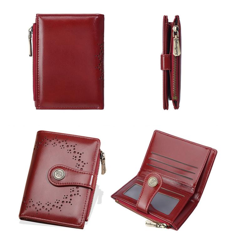 Baellerry N8358 Women Short Wallet Oil-Waxed Leather Hollow Pattern Multi-Card Holder Zippered Coin Pocket
