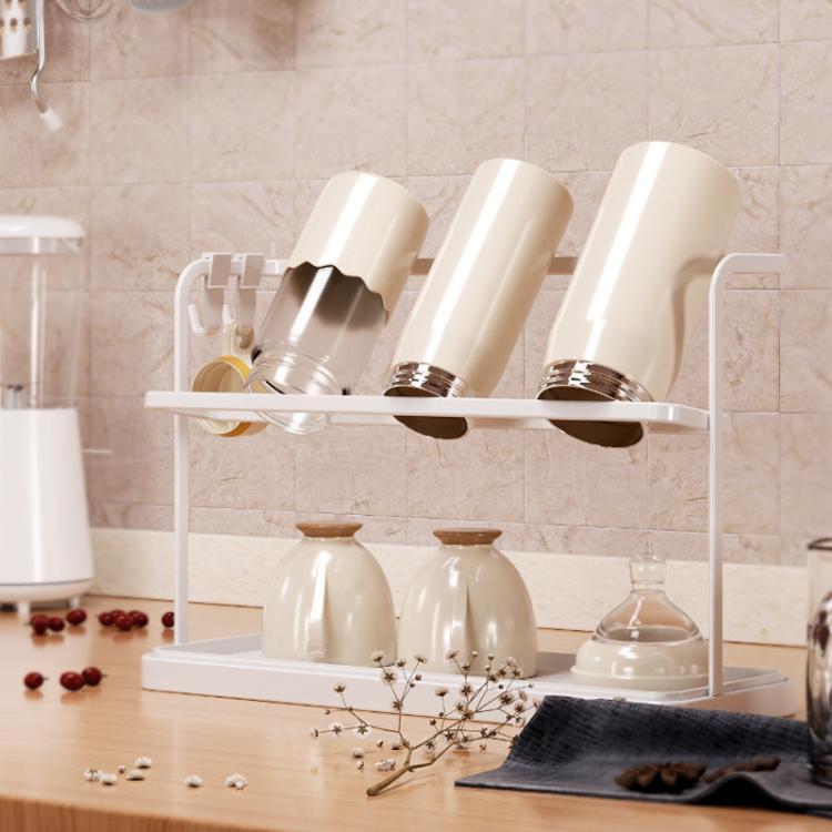 Double Tier Cup Rack With Removable Drip Tray Hanging Organizer For Coffee Mugs, Tea Cups, Thermos, And Glassware
