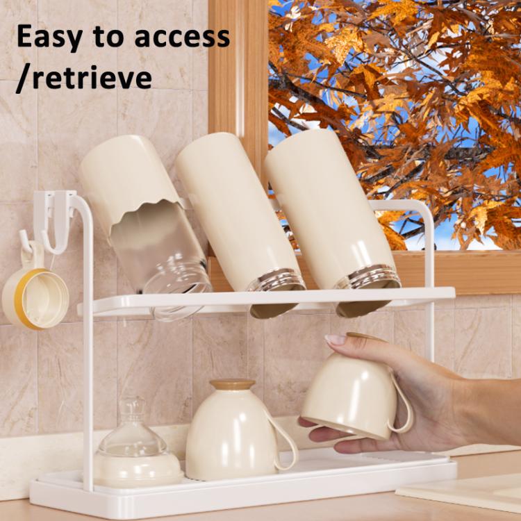 Double Tier Cup Rack With Removable Drip Tray Hanging Organizer For Coffee Mugs, Tea Cups, Thermos, And Glassware