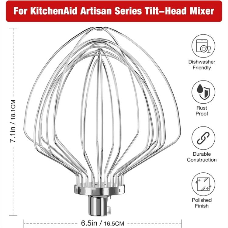 11-Wire Stainless Steel Whisk Attachment for KitchenAid 7 Quart Bowl-Lift Stand Mixer