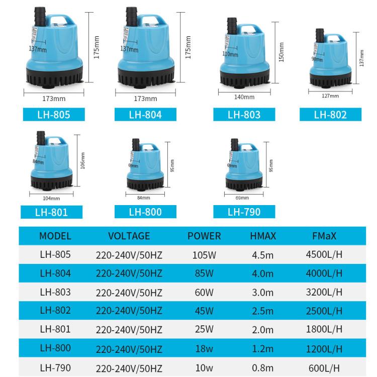 Submersible Aquarium Water Pump with 360-degree Bottom Suction for Freshwater & Saltwater Tanks, LH-801 25W, LH-802 45W, LH-803 60W, LH-804 85W, LH-805 105W