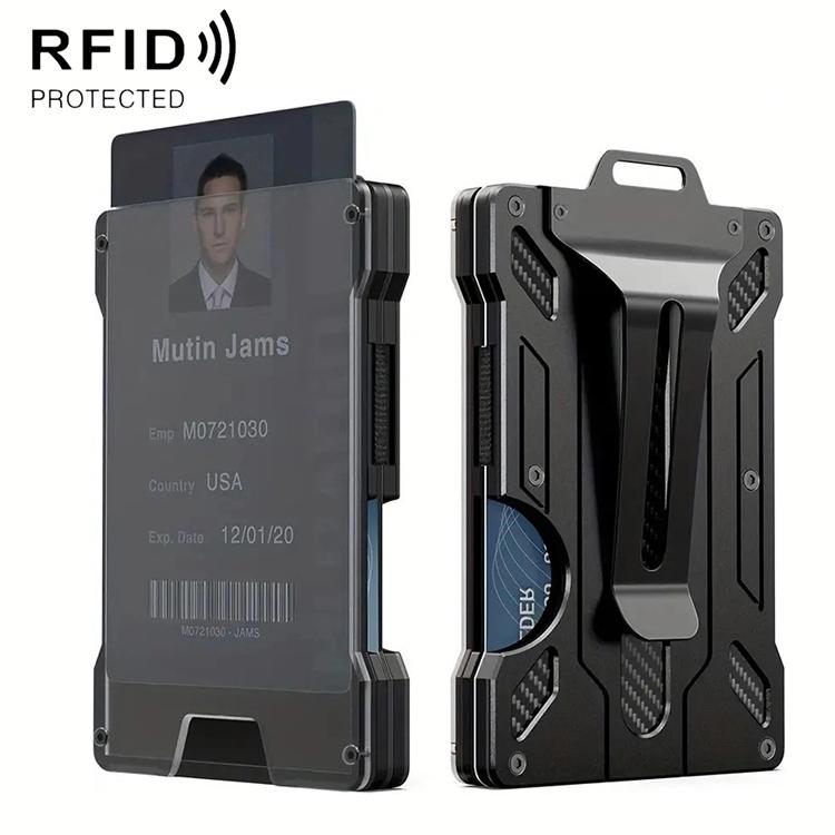 Aluminum RFID Blocking Badge Holder with Clear Card Window Metal ID Card Wallet With Belt Clip
