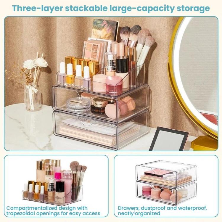 Cosmetic Transparent Desktop Storage Box, 2 Single-drawer+Makeup Rack, 4 Single-drawer+Makeup Rack, 2 Single-drawer+2 Double-drawer+Makeup Rack