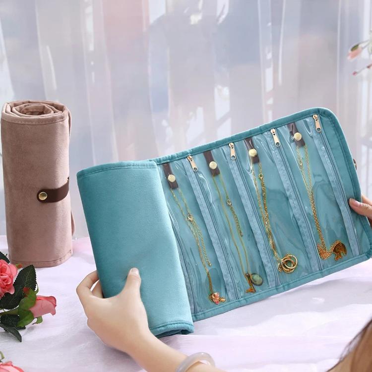 Roll-Up Velvet Jewelry Organizer Bag, Multi-Compartment Storage for Gold Necklaces, Bracelets & Accessories