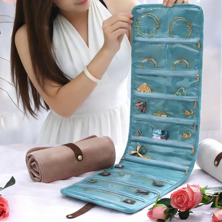 Roll-Up Velvet Jewelry Organizer Bag, Multi-Compartment Storage for Gold Necklaces, Bracelets & Accessories
