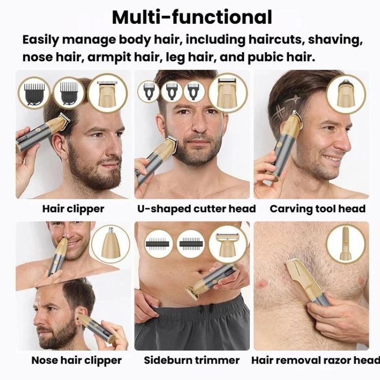 YJ-101 6 In 1 Multifunctional Digital Display Electric Hair Clipper IPX6 Waterproof Nose & Armpit Hair Trimmer