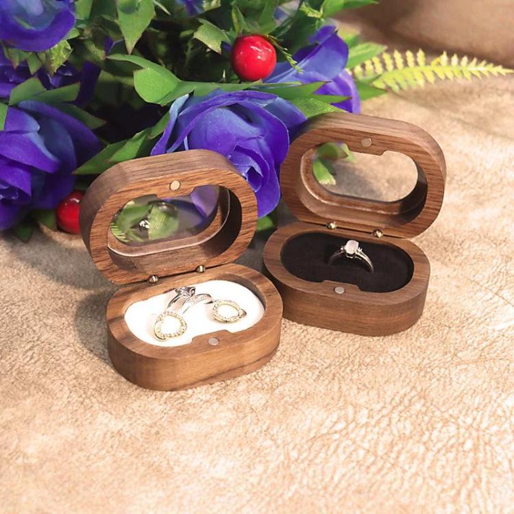 Solid Walnut Wood Jewelry Storage Box With Oval Acrylic Window For Engagement Rings, Earrings, And Accessories, Single-Slot Beige, Single-Slot Black, Single-Slot Brown, Single-Slot Coffee, Double-Slot Beige, Double-Slot Black, Double-Slot Brown        ...
