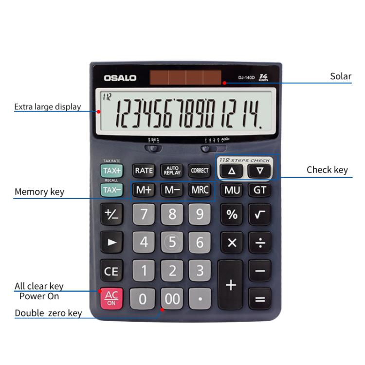 OSALO DJ-140D  Check & Correction Calculator 14 Digits with 112-Step Review Solar Power for Office Accounting and Finance, DJ-140D
