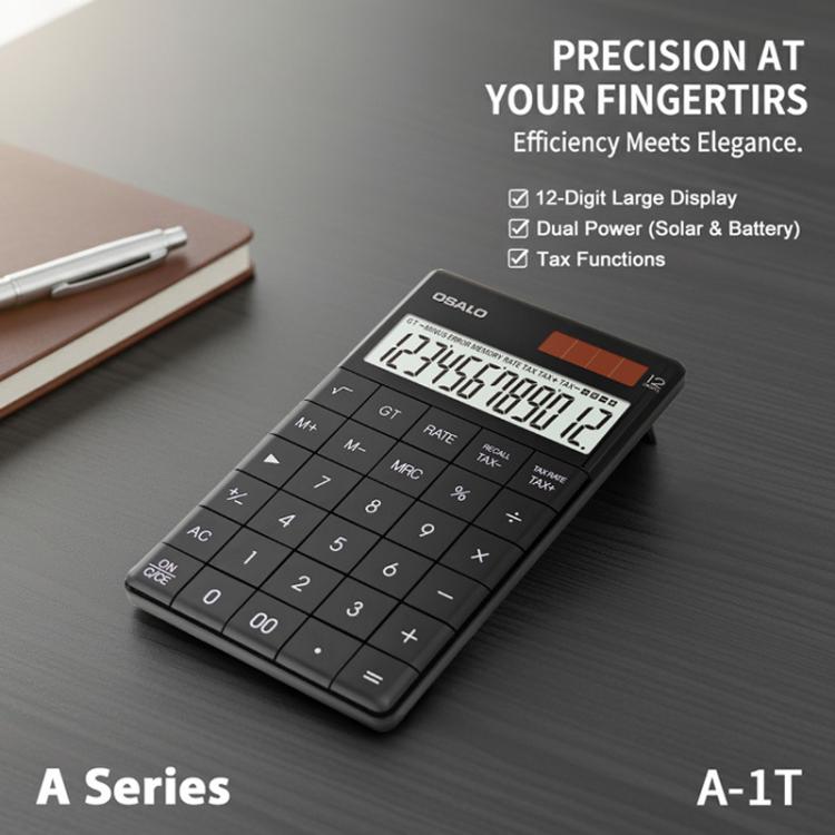 OSALO  A-1T  Tax Calculator with 12-Digit Display, Flip-Up Stand & Solar/ Button Battery Dual Power, A-1T