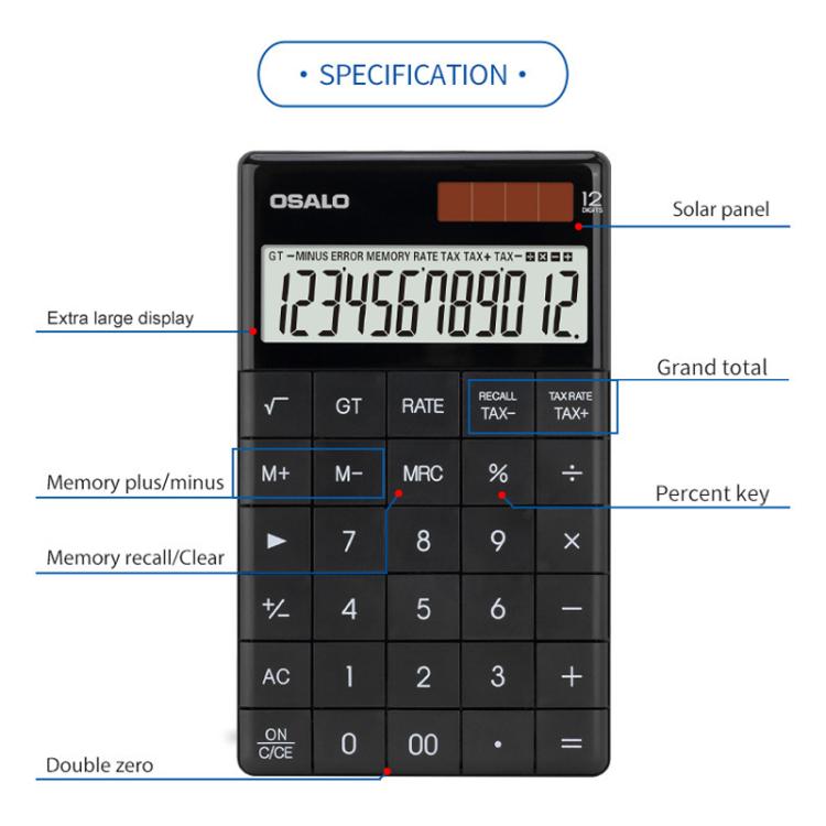 OSALO  A-1T  Tax Calculator with 12-Digit Display, Flip-Up Stand & Solar/ Button Battery Dual Power, A-1T